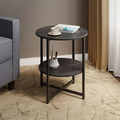 Round side table with a cup and saucer in a living room setting