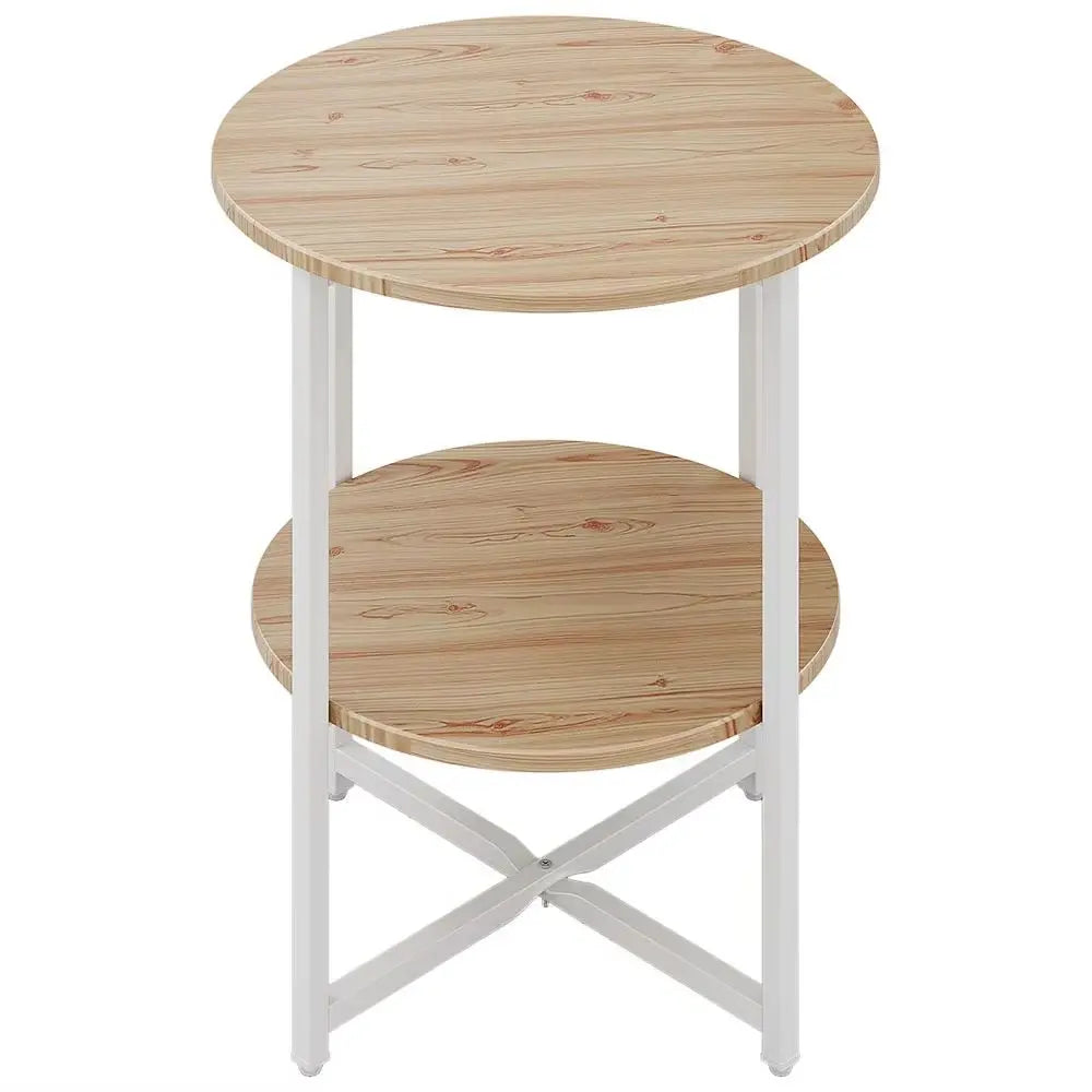 Two-tier wooden side table with white legs on a white background