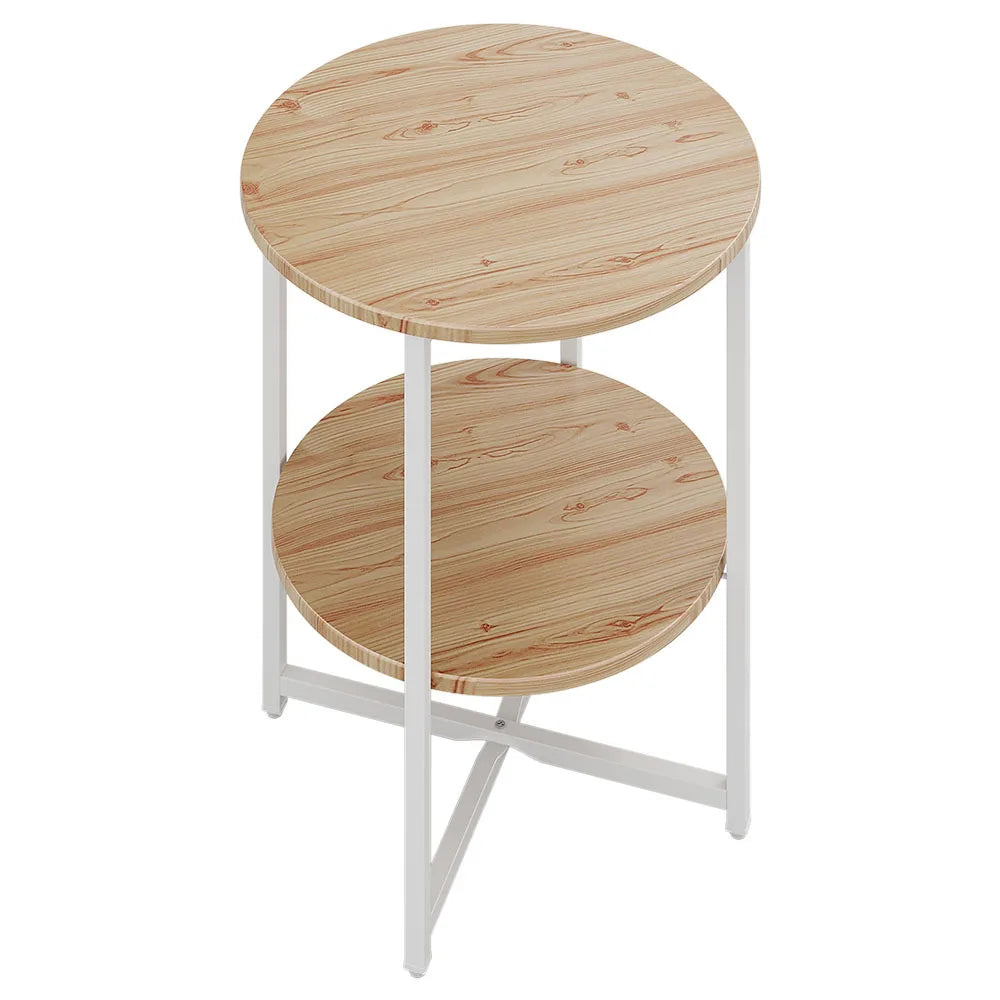 Two-tier wooden side table with white metal legs on a white background