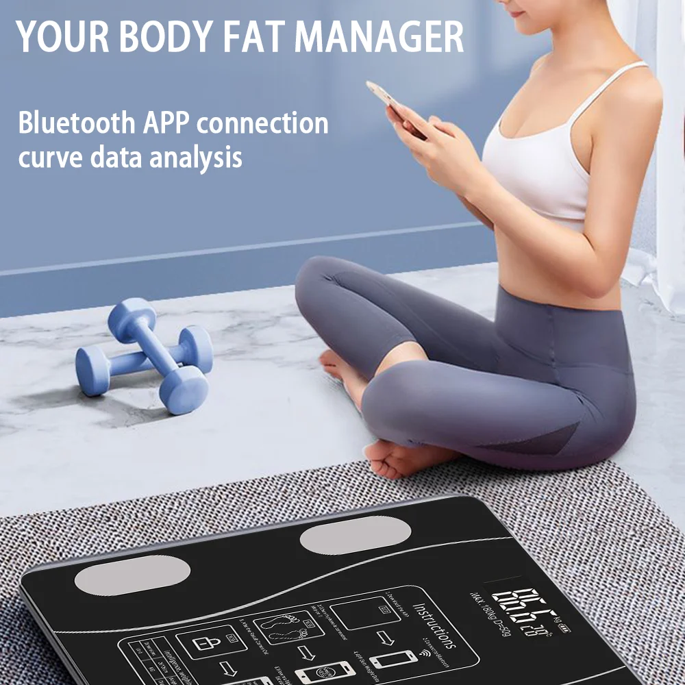 Woman using a body fat manager with Bluetooth app connection and curve data analysis on a digital scale.