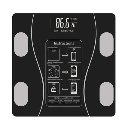 Digital body fat scale with display and instruction panel on a white background