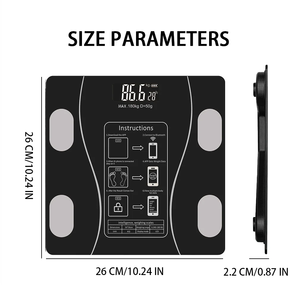 Digital body fat scale with size parameters displayed on a white background