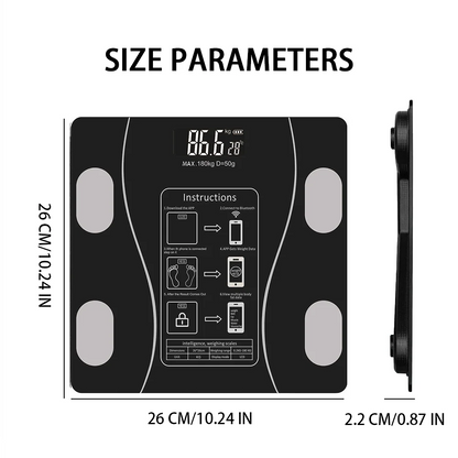 Digital body fat scale with size parameters displayed on a white background