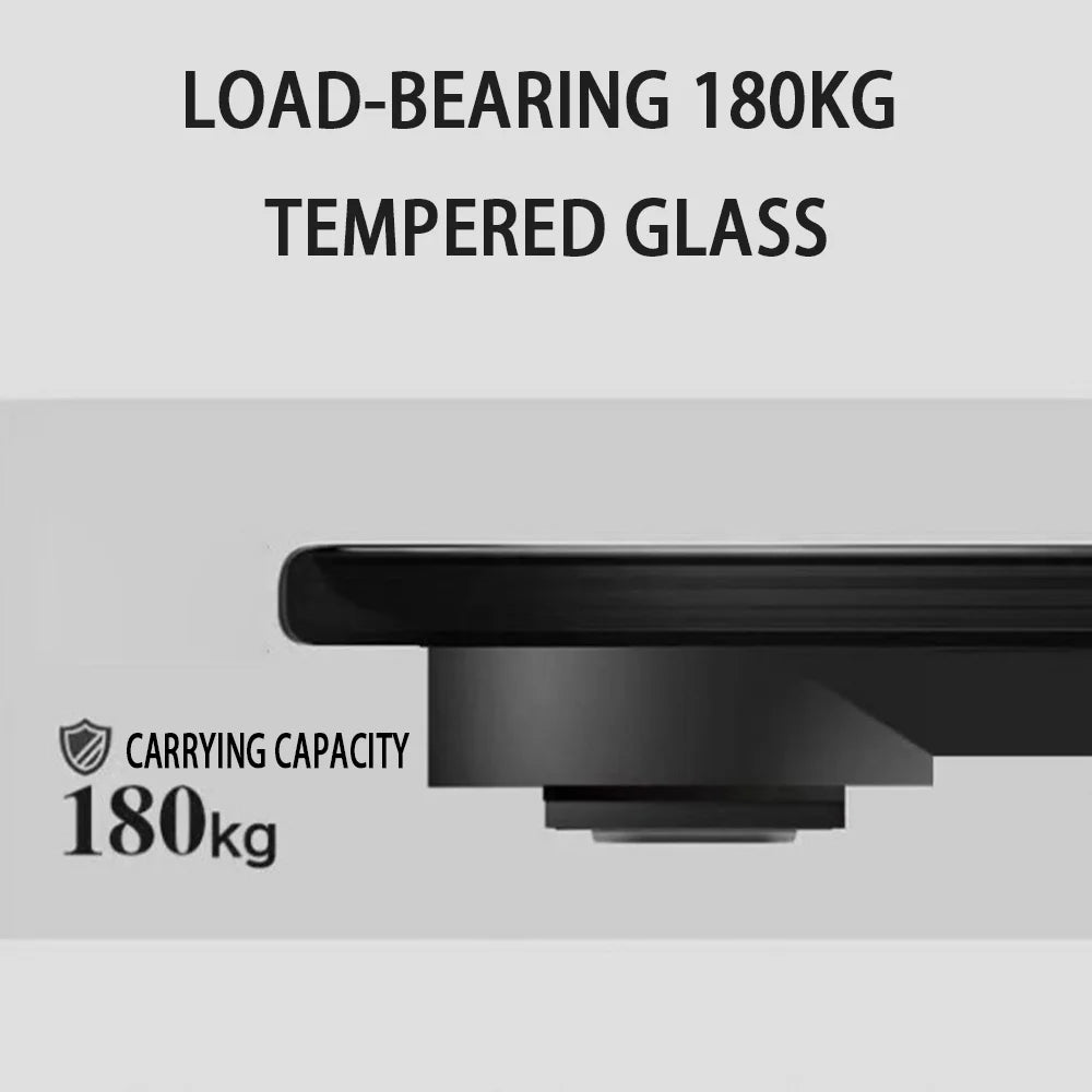 Black rectangular object with tempered glass and carrying capacity label on a white background