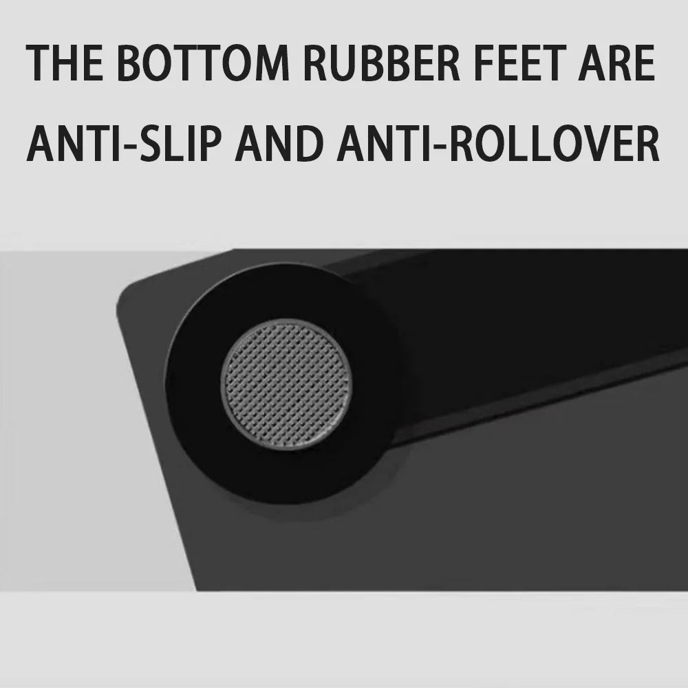 Close-up of a black rubber foot with text indicating anti-slip and anti-rollover properties.
