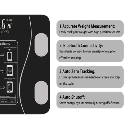 Black digital scale with features listed on a white background