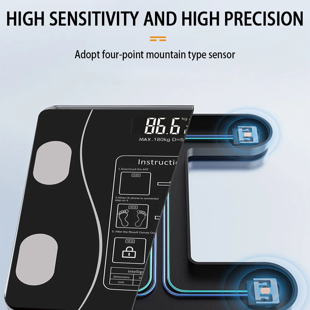 Digital body fat scale with sensor and text highlighting high sensitivity and precision.