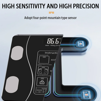 Digital body fat scale with sensor and text highlighting high sensitivity and precision.