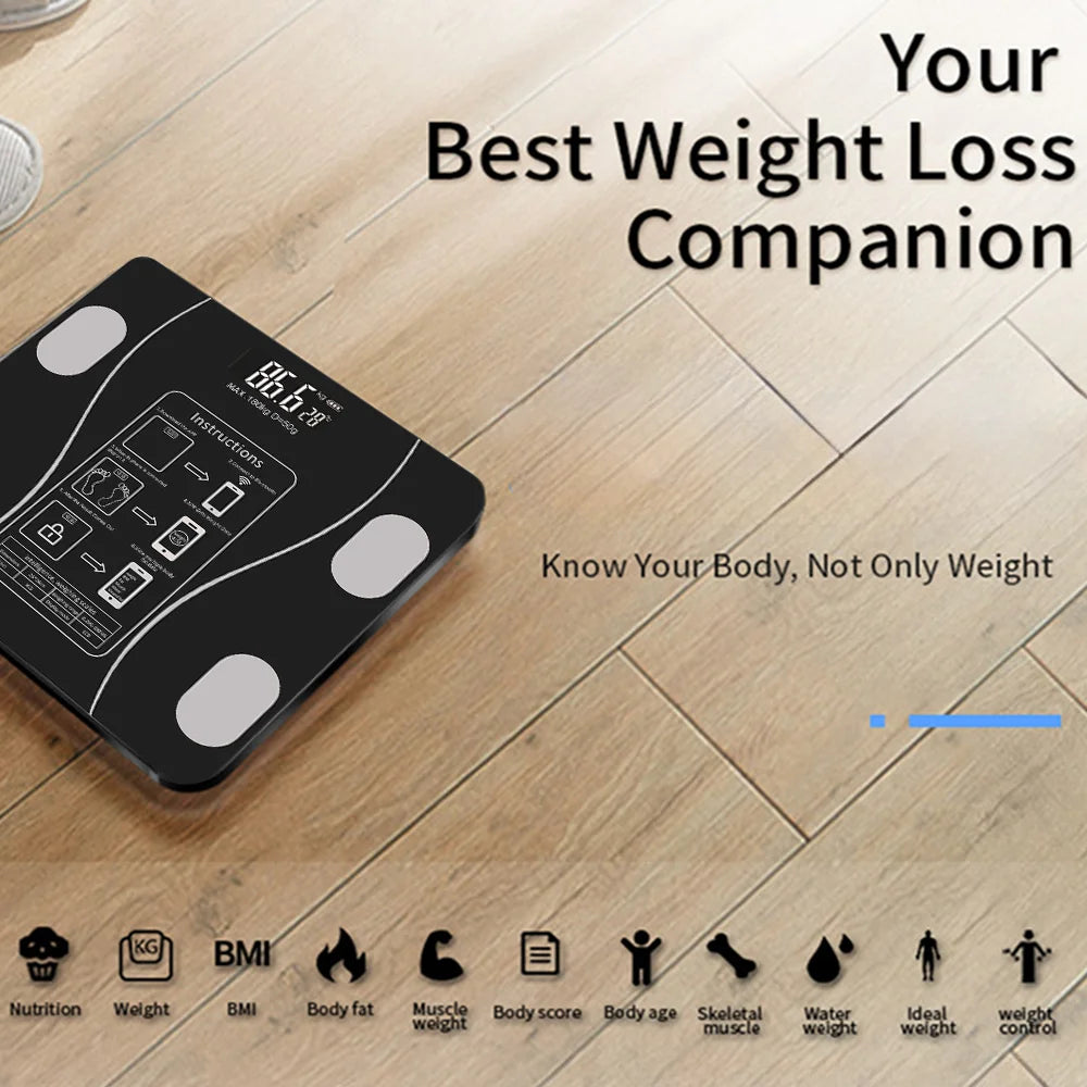 Digital body fat scale on a wooden floor with text about weight loss and health metrics.