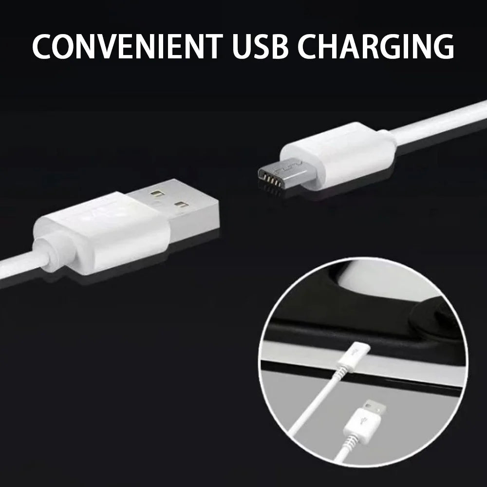 White USB charging cable with connectors on a black background, labeled 'Convenient USB Charging'.