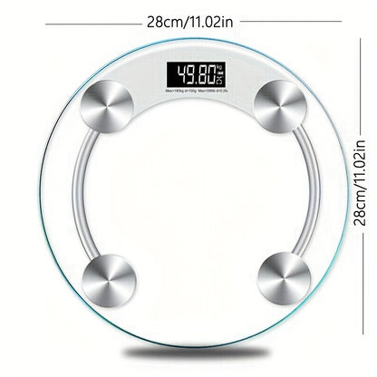 Digital glass bathroom scale with silver accents and measurement details on a white background