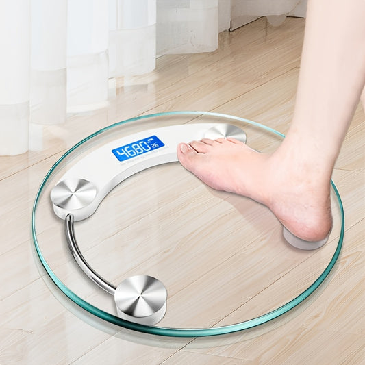 Person stepping on a digital glass scale with a blurred background