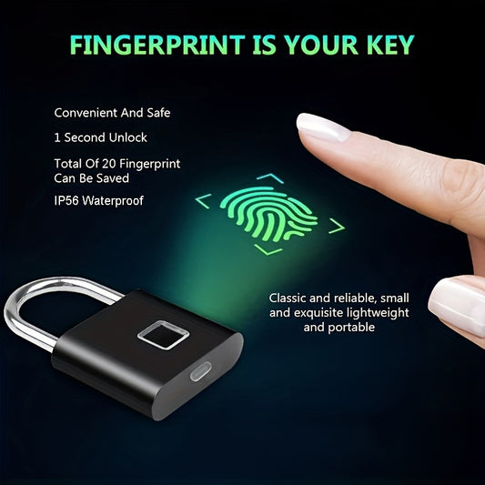 Fingerprint lock with a hand touching a digital fingerprint scan on a dark background