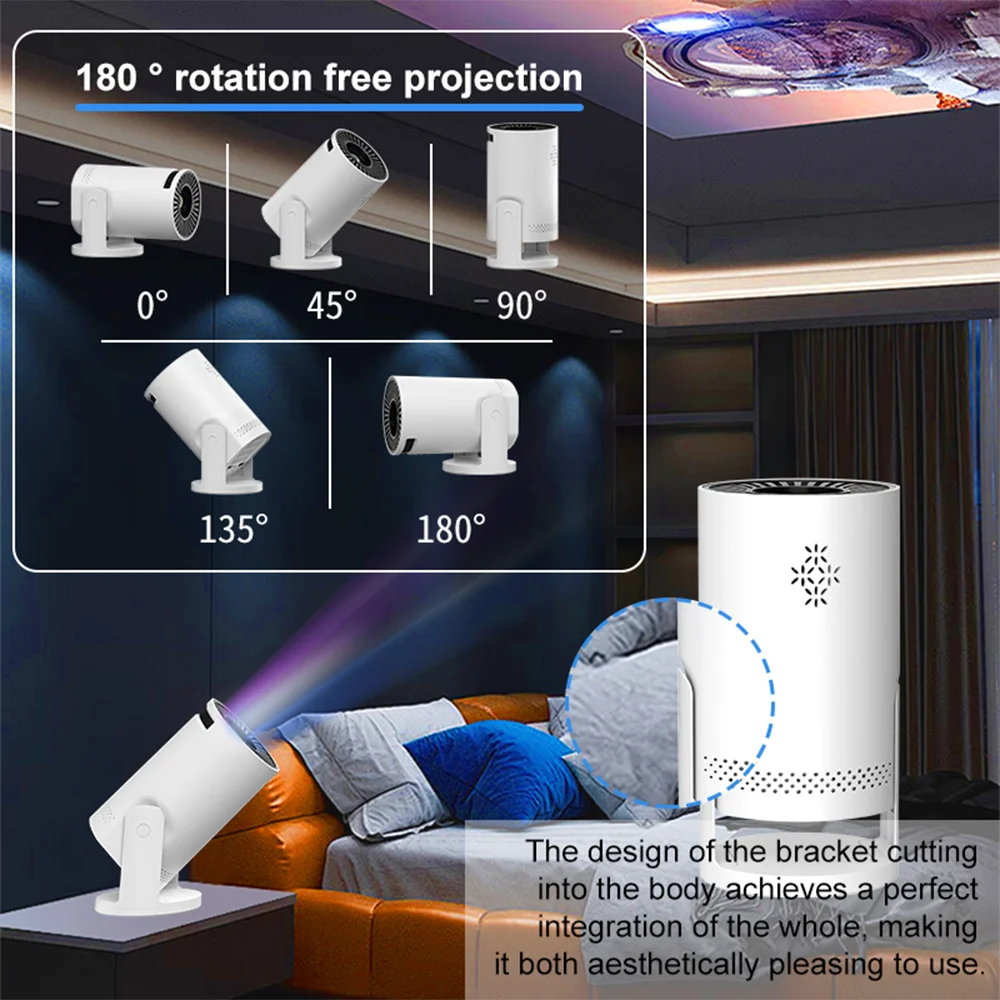 White projector with 180-degree rotation feature shown in a living room setting.