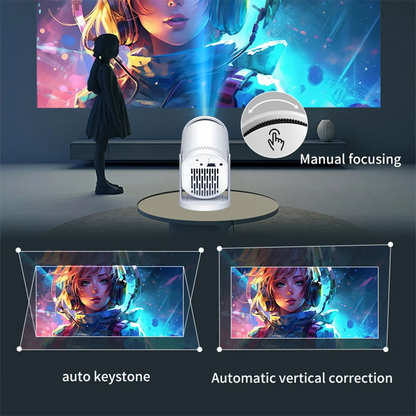 Projector with manual focusing and automatic correction features displayed on a screen.