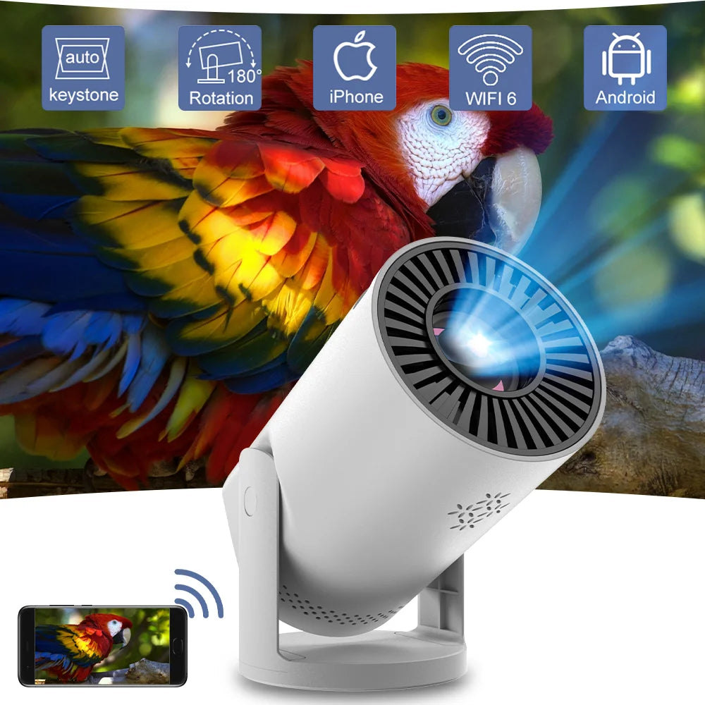 White camera with smartphone display, colorful parrot in the background, and technology icons.