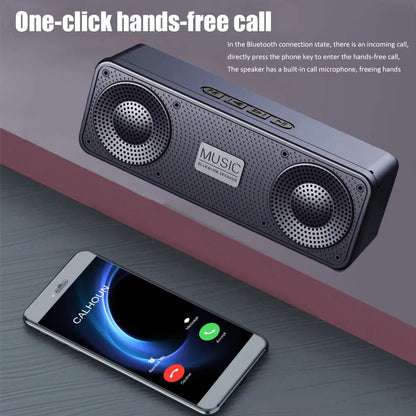 Bluetooth speaker with smartphone showing call interface on a gray surface