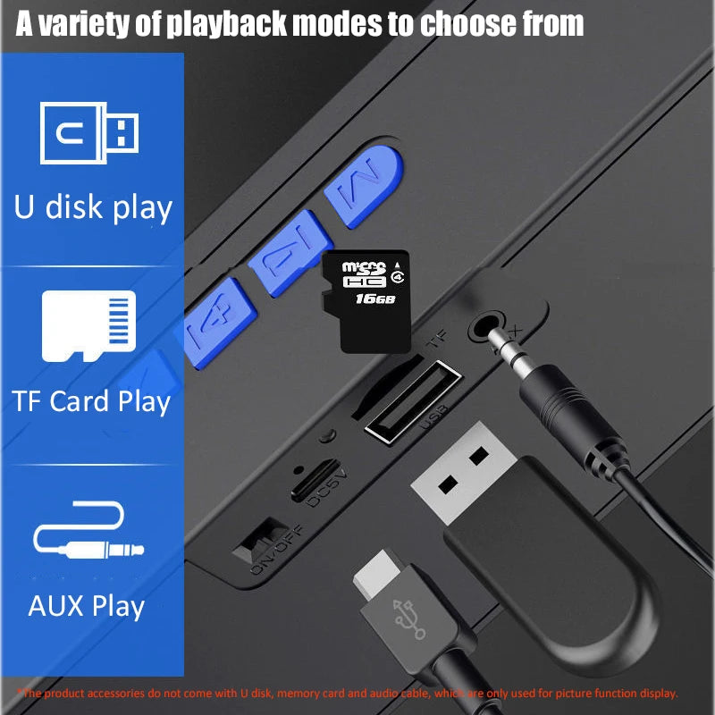 Multimedia device with USB, TF card, and AUX ports on a dark background