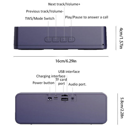 Back view of a electronic device with labeled features and dimensions on a white background