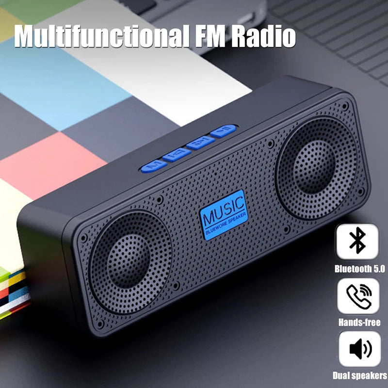 Multifunctional FM Radio with Bluetooth 5.0, hands-free, and dual speakers on a colorful geometric background.