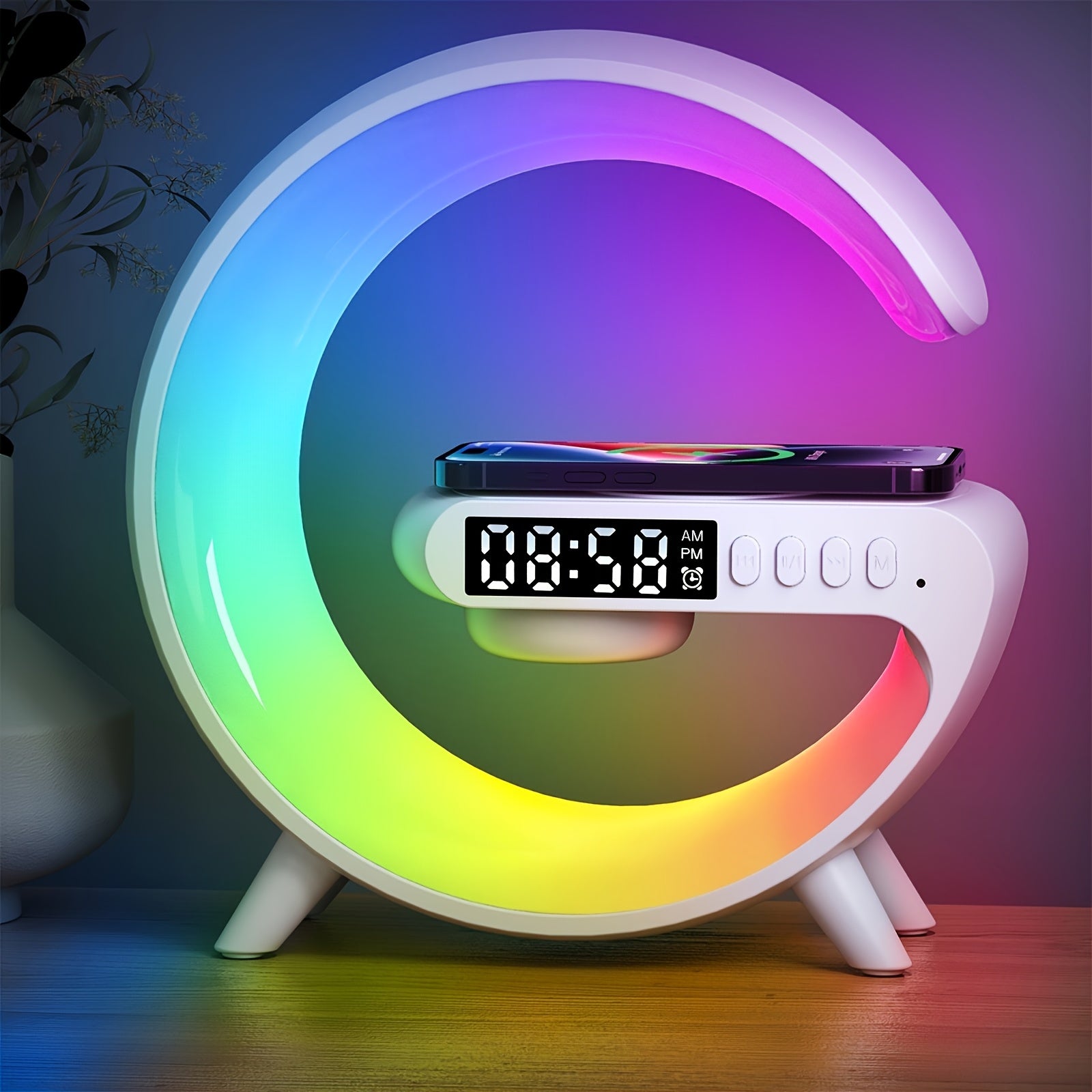 Colorful moon-shaped clock with digital display on a wooden surface