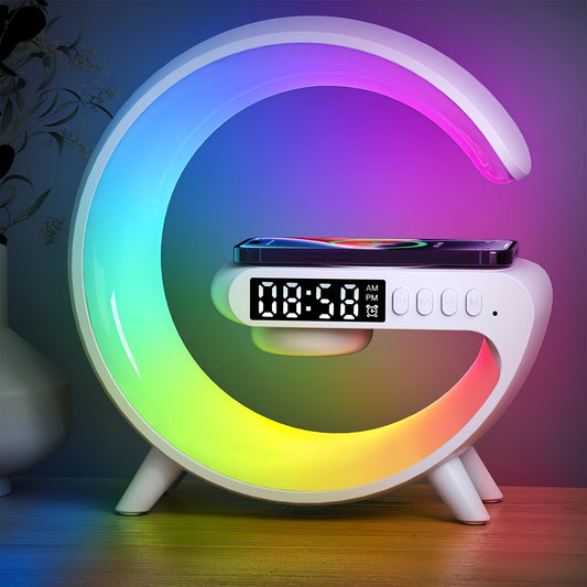 Colorful moon-shaped clock with digital display on a wooden surface
