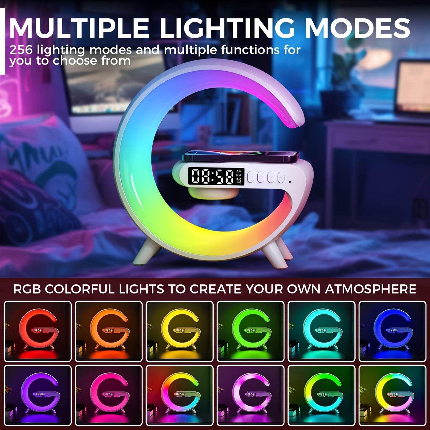 Colorful LED clock with multiple lighting modes in a room setting