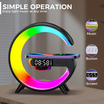 Colorful circular light with digital display on a wooden surface, featuring text 'Simple Operation' and icons for music, button, and screen.