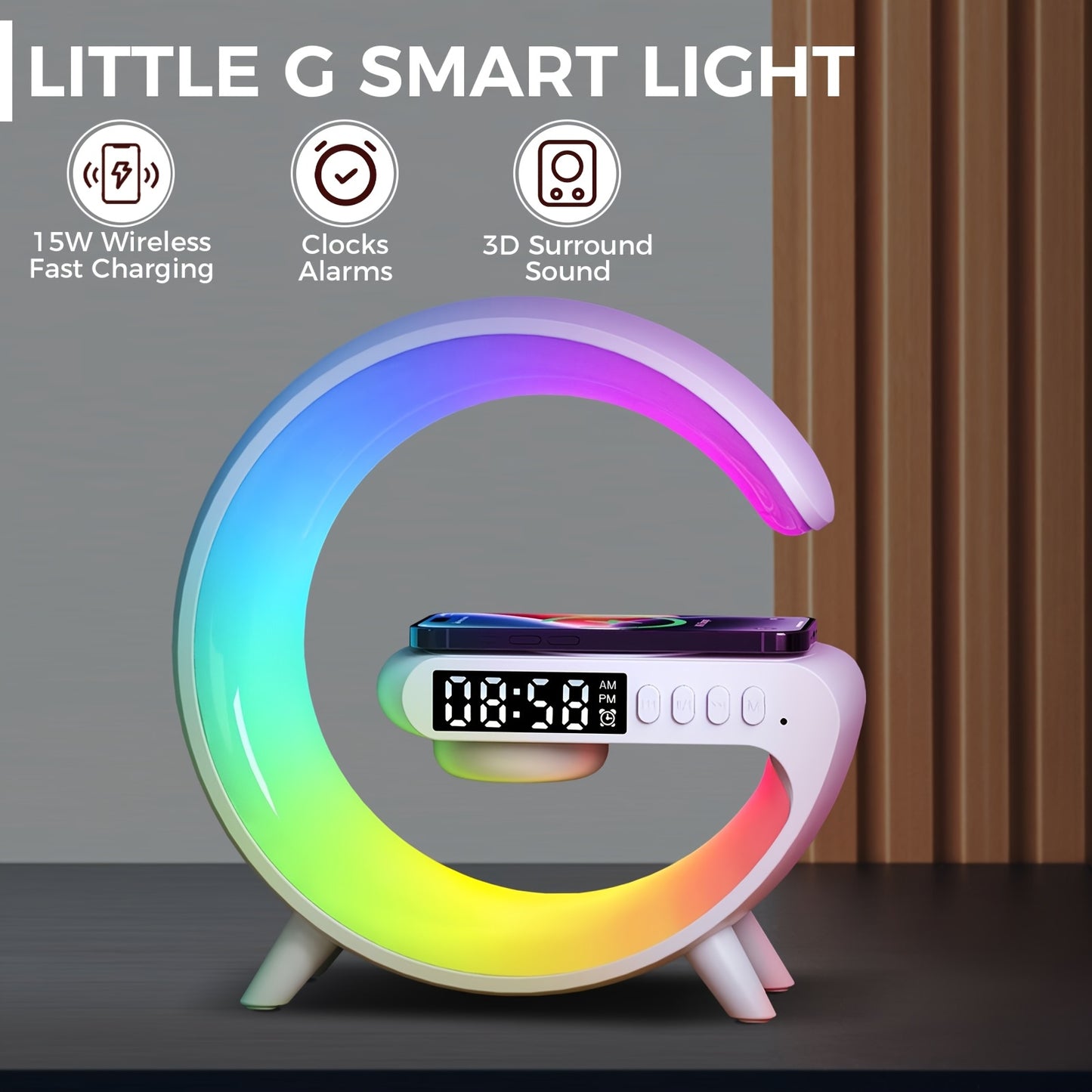 Colorful smart light with digital display and charging pad on a gray background