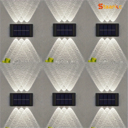 Solar wall lights on a textured wall with 'Staanc' branding.