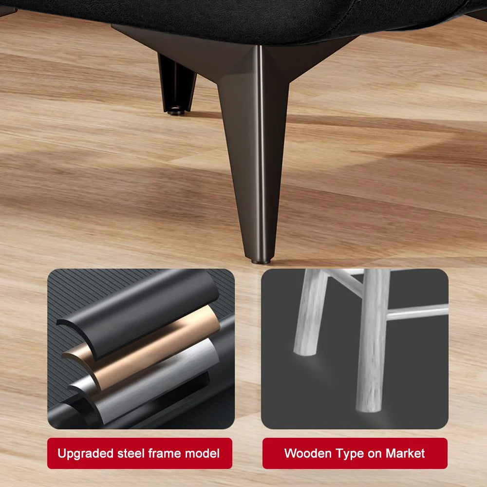 Close-up of a chair leg on a wooden floor with color swatches and text indicating material types.