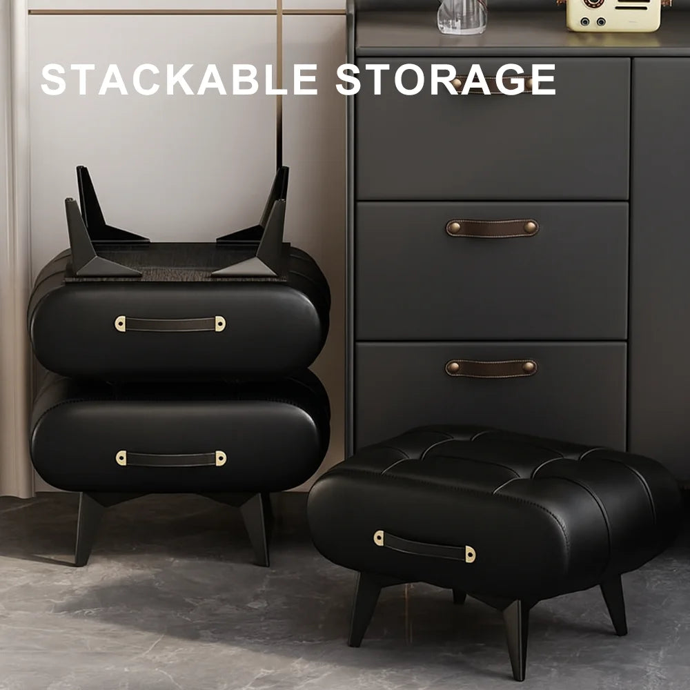 Black stackable storage unit with ottoman in a room setting