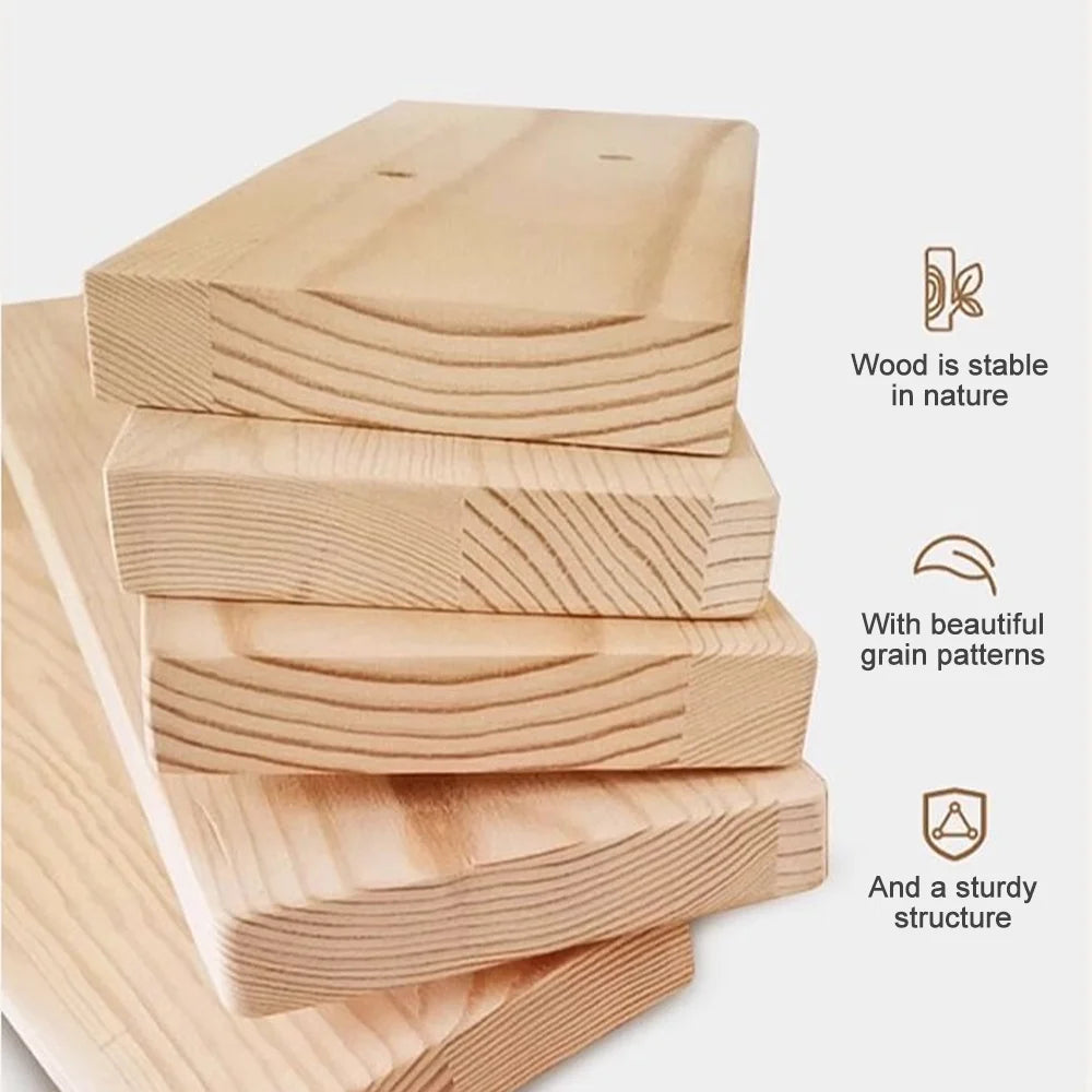 Stack of wooden planks with text highlighting wood's stability, grain patterns, and structure.