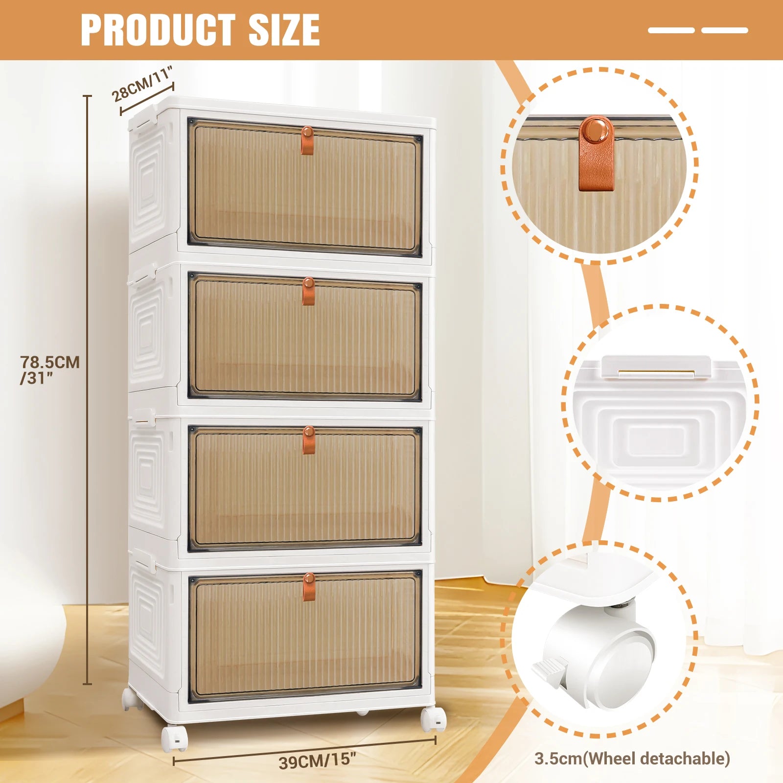 Storage cabinet with four drawers, showing dimensions and wheel details.