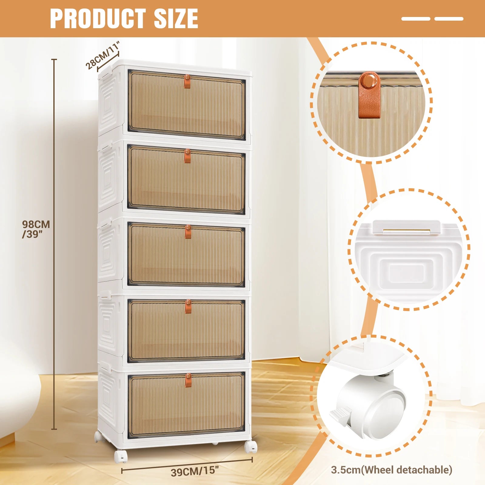 White storage cabinet with brown drawers and wheels, shown with product size details.