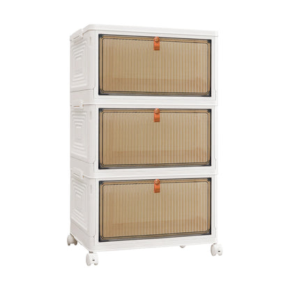 White storage cabinet with three brown drawers on a white background