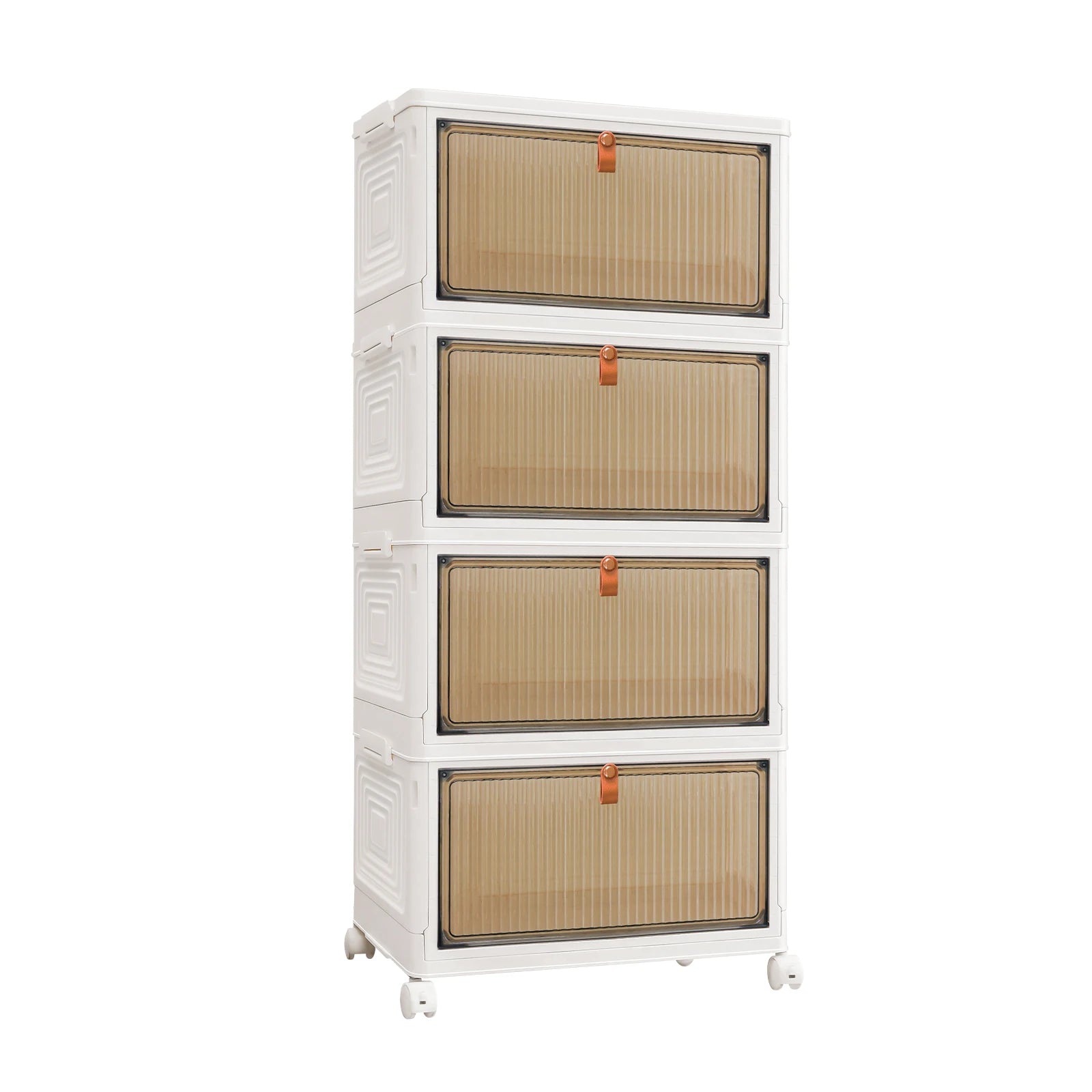 White storage cabinet with four rattan-like drawers on a white background