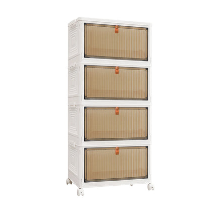 White storage cabinet with four rattan-like drawers on a white background