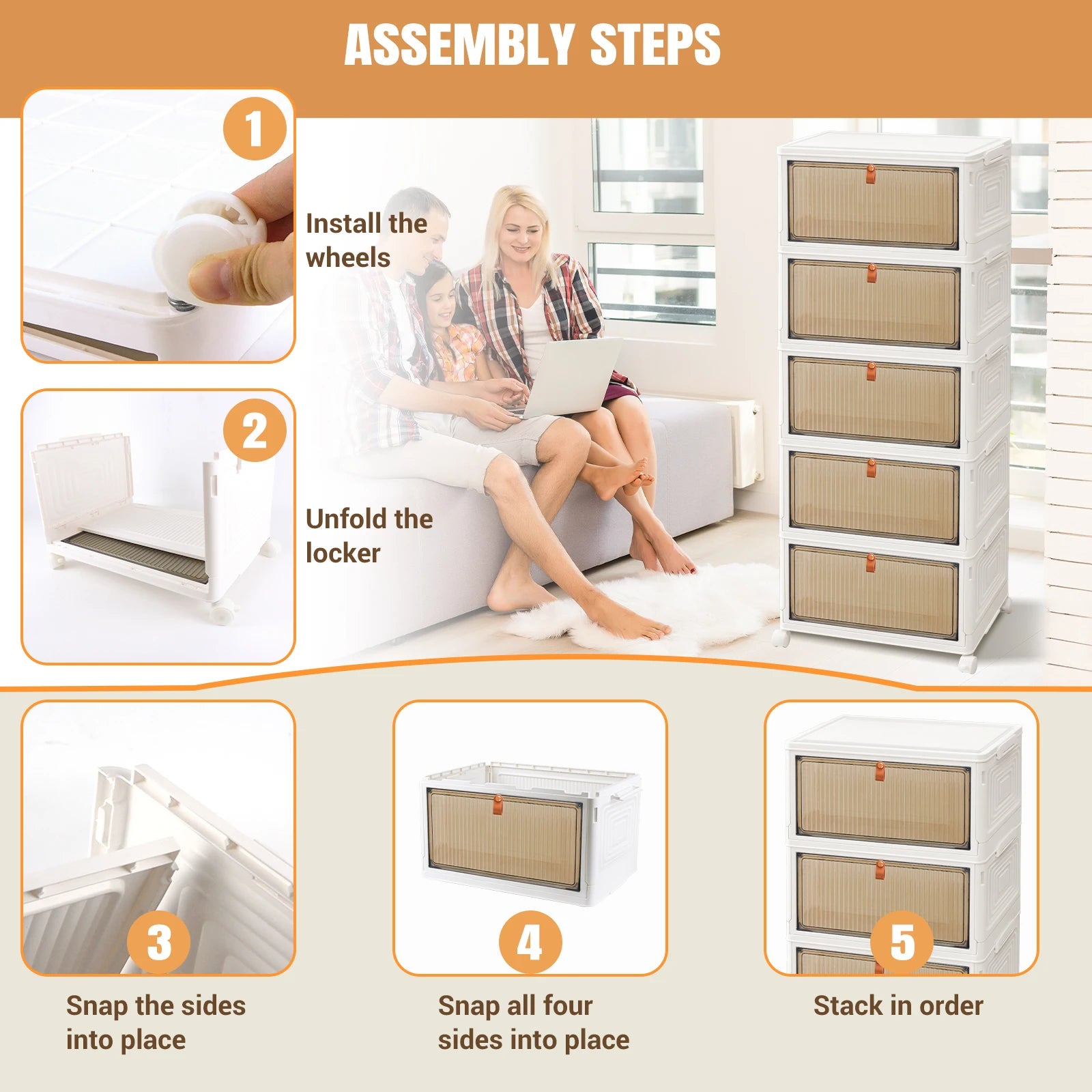 Step-by-step assembly guide for a storage locker with images and text.