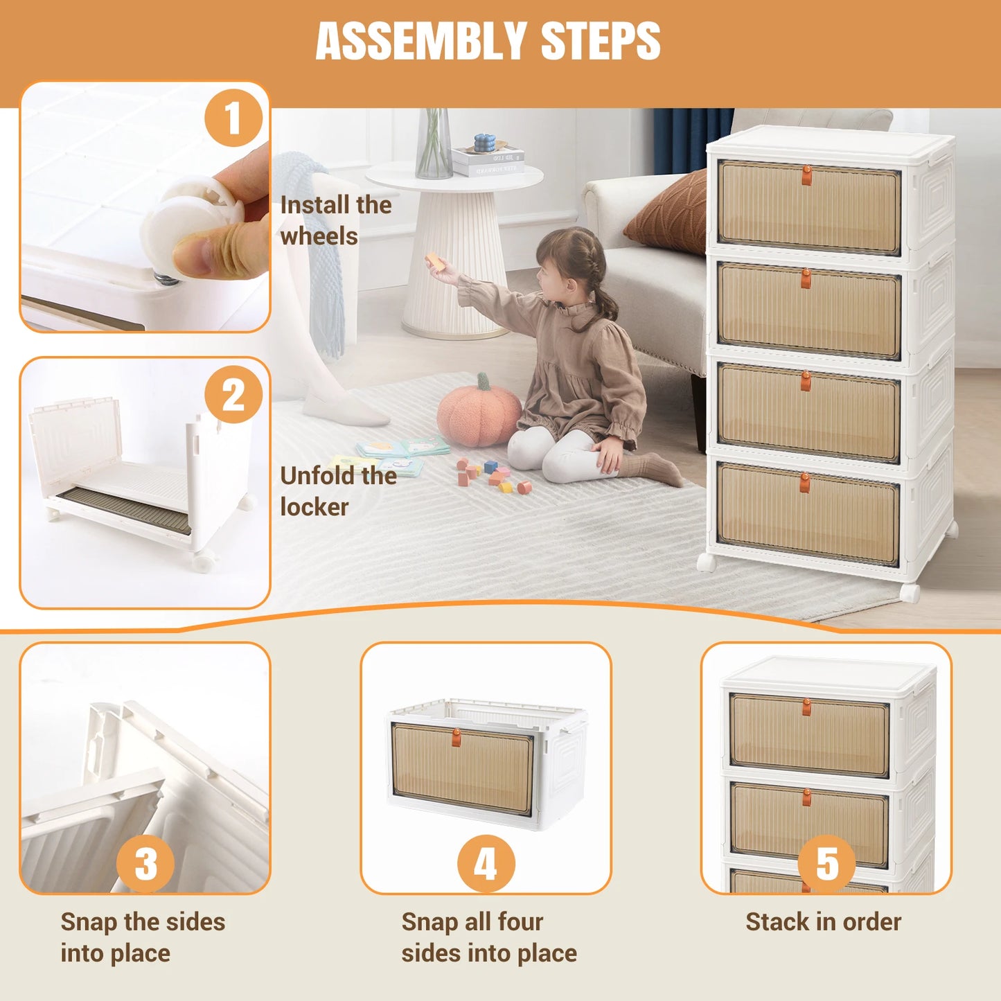 Step-by-step assembly instructions for a white locker with beige drawers.