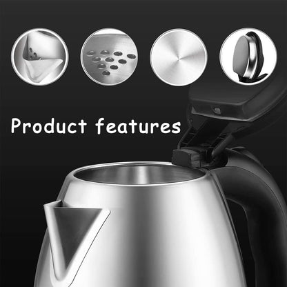 Silver kettle with inset images of its features on a black background