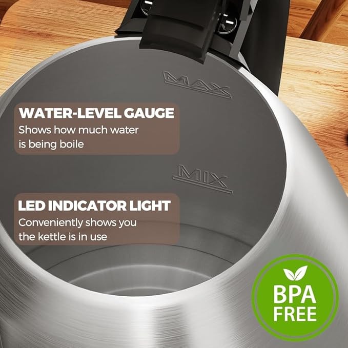 Close-up of a kettle with water-level gauge and LED indicator light, featuring the brand 'MAX'.
