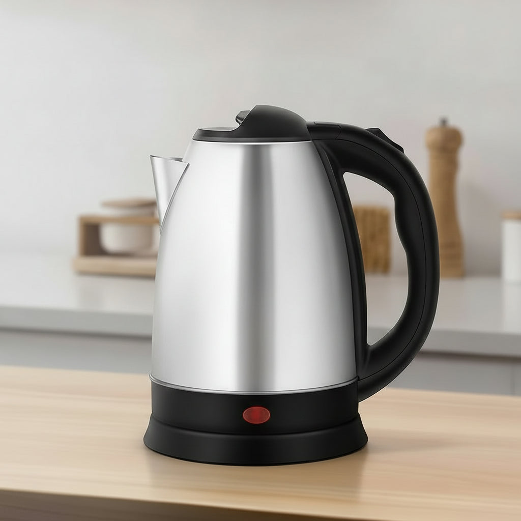 Electric kettle on a kitchen counter with glasses of water and a 'real shot' label.