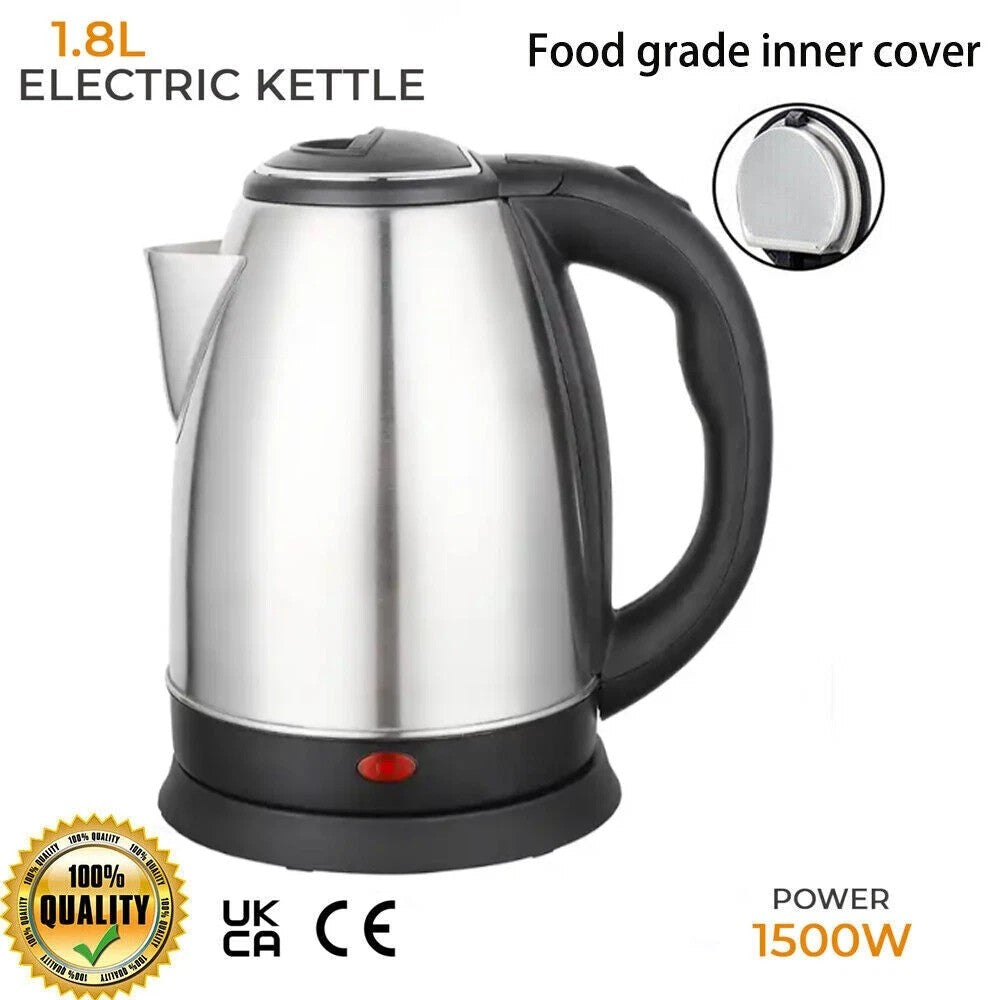 Stainless steel electric kettle with black handle on a white background