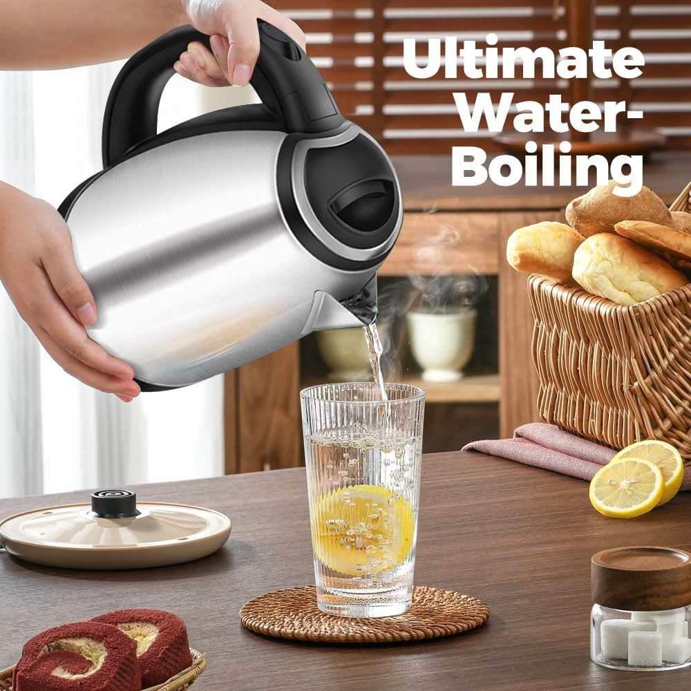 Person pouring water from a kettle into a glass on a kitchen counter with bread and lemons.