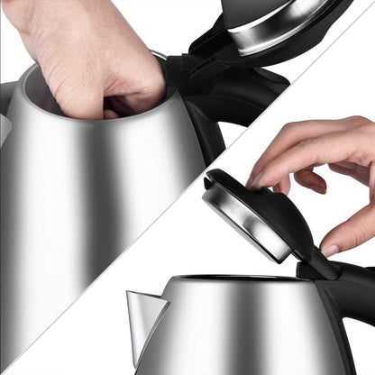 Collage of a person opening a modern stainless steel kettle with black handle.