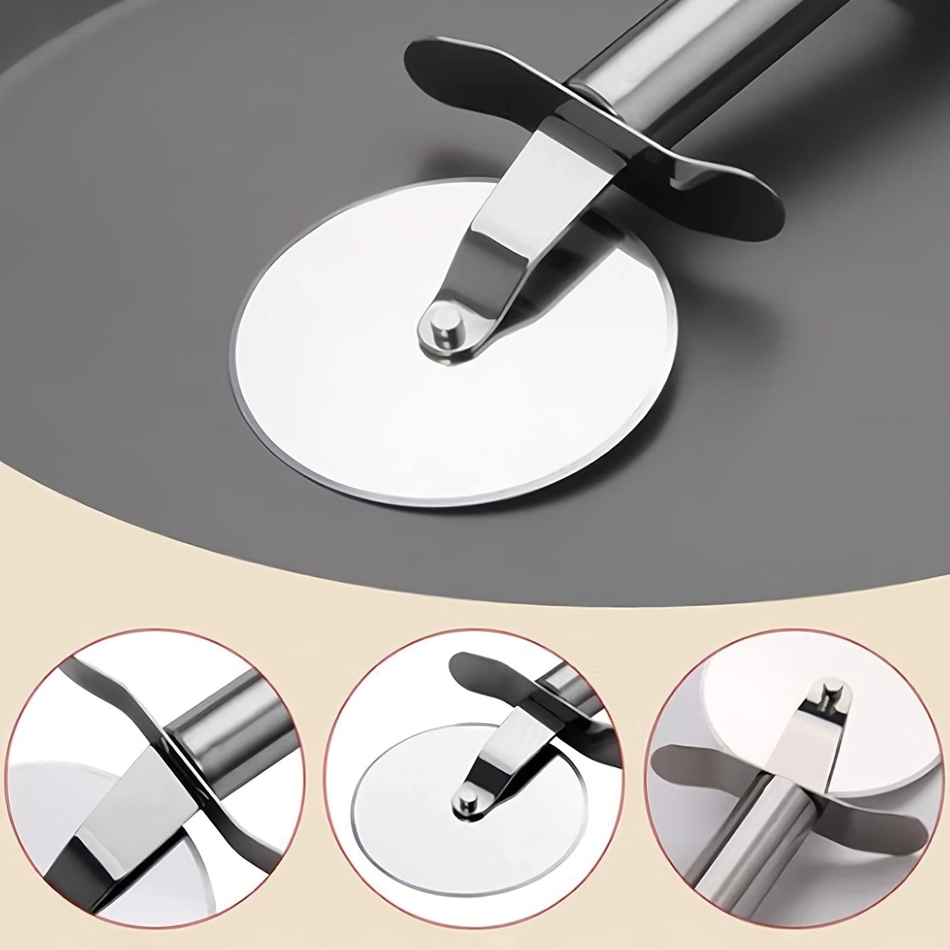 Metal pizza cutter on a gray surface with close-up insets showing different angles.