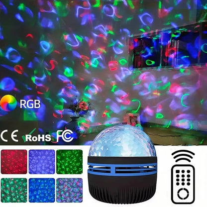 RGB disco ball projector with colorful patterns on a wall, surrounded by decorative elements.