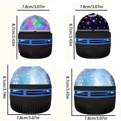 Four colorful ball lights with measurements on a white background