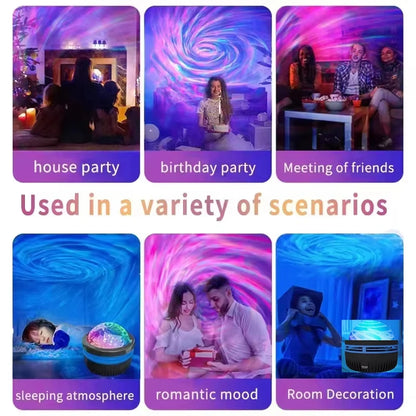 Collage of images showing different uses of a product including house party, birthday party, meeting of friends, sleeping atmosphere, romantic mood, and room decoration.
